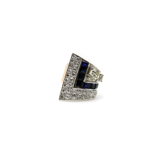Bague 49 Bague Art déco en platine et or rose 14k, diamants et saphirs 58 Facettes
