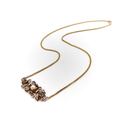 Collier Époque victorienne - Collier en or 18K et argent avec diamants, émeraudes et perle 58 Facettes