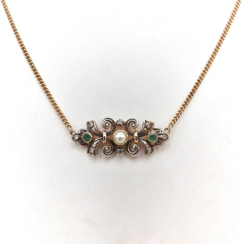 Collier Époque victorienne - Collier en or 18K et argent avec diamants, émeraudes et perle 58 Facettes