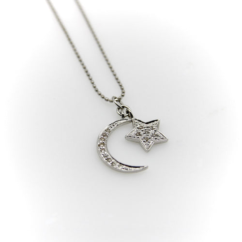 Collier Collier lune et étoile en or blanc 14K avec diamants 58 Facettes A2003E