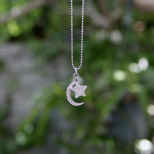 Collier Collier lune et étoile en or blanc 14K avec diamants 58 Facettes A2003E