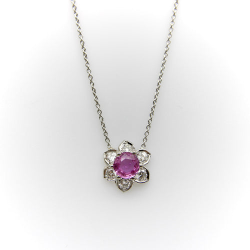 Collier Collier vintage - Pendentif fleur en platine, saphir rose et diamants 58 Facettes A2003H