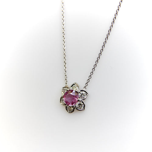 Collier Collier vintage - Pendentif fleur en platine, saphir rose et diamants 58 Facettes A2003H