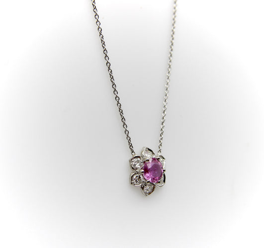 Collier Collier vintage - Pendentif fleur en platine, saphir rose et diamants 58 Facettes A2003H