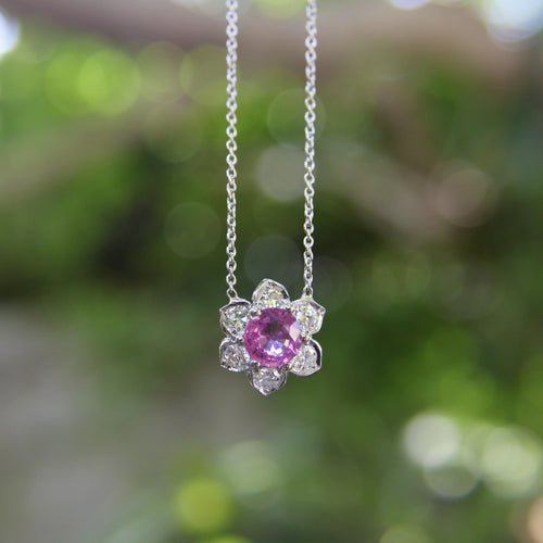 Collier Collier vintage - Pendentif fleur en platine, saphir rose et diamants 58 Facettes A2003H
