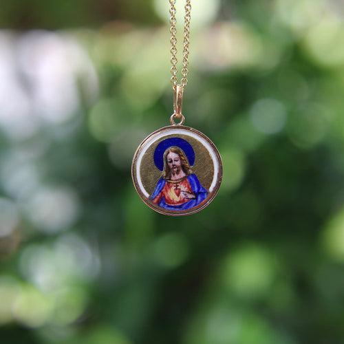 Pendentif Art déco - Pendentif médaillon Sacré-Cœur en or 18K et émail peint 58 Facettes