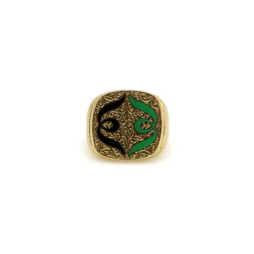 Bague Bague chevalière en or jaune 18 carats avec émail noir et vert 58 Facettes
