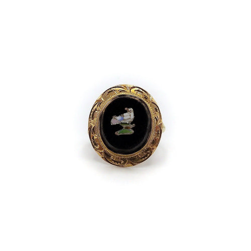 Bague 50 Bague micro-mosaïque oiseau en or 14 carats et onyx 58 Facettes