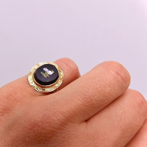 Bague 50 Bague micro-mosaïque oiseau en or 14 carats et onyx 58 Facettes