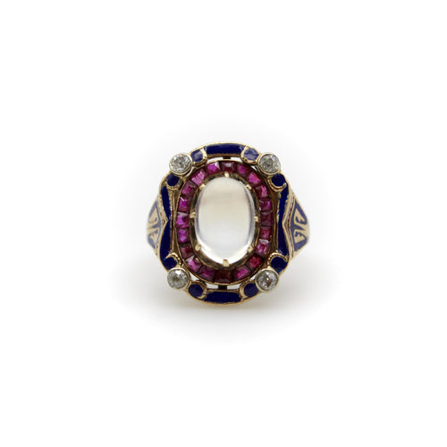 Bague 49 Bague victorienne en or 14K, pierre de lune, rubis, diamants et émail 58 Facettes A20041