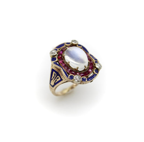 Bague 49 Bague victorienne en or 14K, pierre de lune, rubis, diamants et émail 58 Facettes A20041