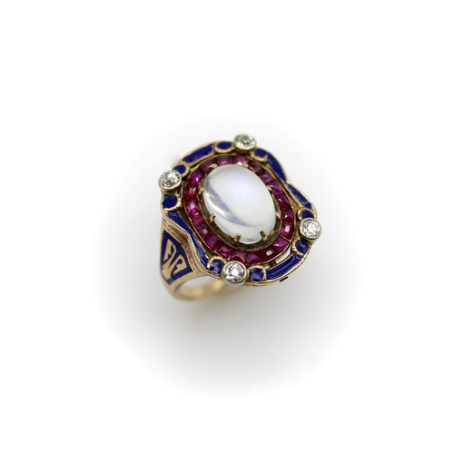 Bague 49 Bague victorienne en or 14K, pierre de lune, rubis, diamants et émail 58 Facettes A20041