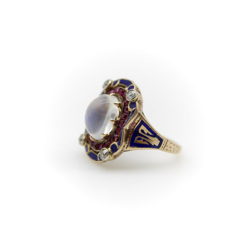 Bague 49 Bague victorienne en or 14K, pierre de lune, rubis, diamants et émail 58 Facettes A20041