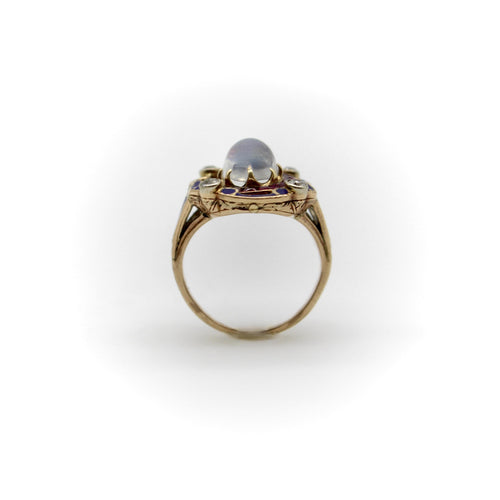 Bague 49 Bague victorienne en or 14K, pierre de lune, rubis, diamants et émail 58 Facettes A20041