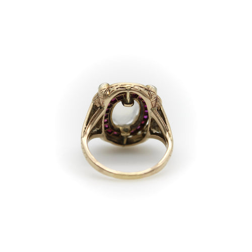 Bague 49 Bague victorienne en or 14K, pierre de lune, rubis, diamants et émail 58 Facettes A20041