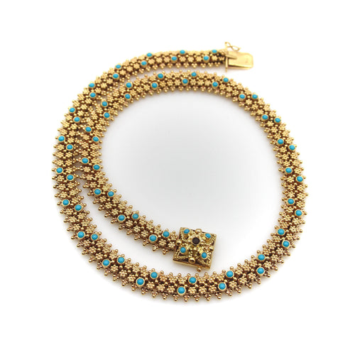 Collier Collier vintage cannetille portugais style Renaissance étrusque en or 19,2K et turquoises 58 Facettes
