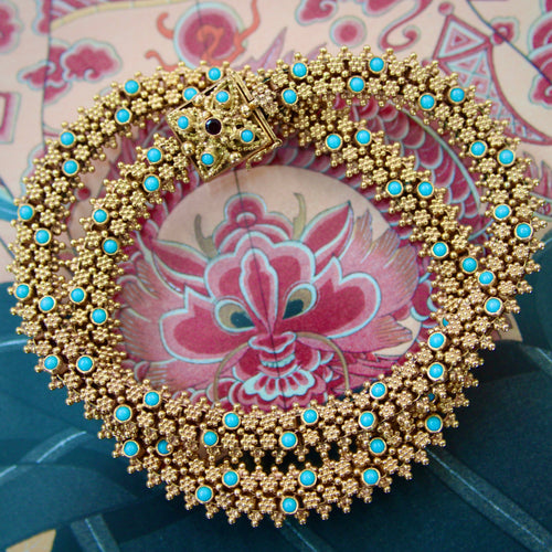 Collier Collier vintage cannetille portugais style Renaissance étrusque en or 19,2K et turquoises 58 Facettes