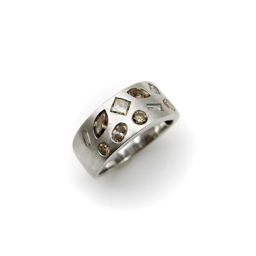 Bague 54 Bague confettis en or blanc 14K et diamants de couleurs 58 Facettes A10013