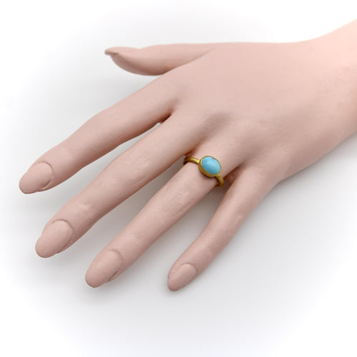 Bague 56 Bague artisanale - Cabochon turquoise persane en or 24K 58 Facettes A20077