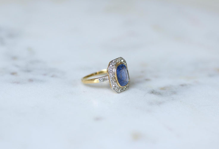 Bague 53 Bague Pompadour de fiançailles saphir de Ceylan et diamants en or jaune 18 kt 58 Facettes