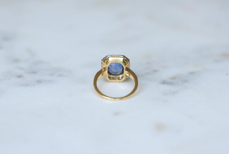 Bague 53 Bague Pompadour de fiançailles saphir de Ceylan et diamants en or jaune 18 kt 58 Facettes