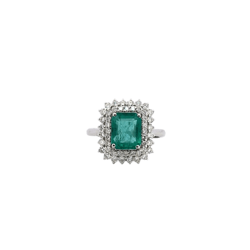 Bague 54 Bague - en or blanc 18 ct avec émeraude et diamants 58 Facettes