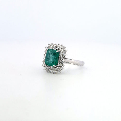 Bague 54 Bague - en or blanc 18 ct avec émeraude et diamants 58 Facettes