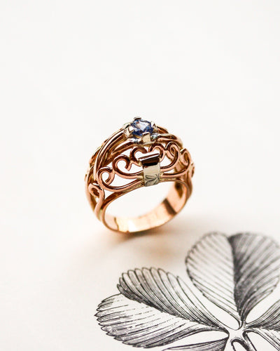 Bague 53.5 Bague cocktail 1950 en or rose et blanc 18K avec saphir 58 Facettes A11834