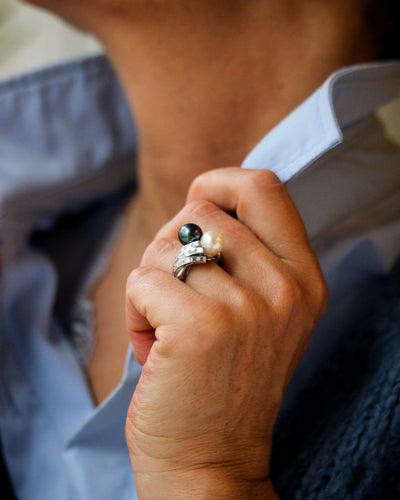 Bague 52 Bague toi et moi en platine avec perles et diamants baguette 58 Facettes A12039
