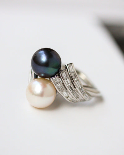 Bague 52 Bague toi et moi en platine avec perles et diamants baguette 58 Facettes A12039