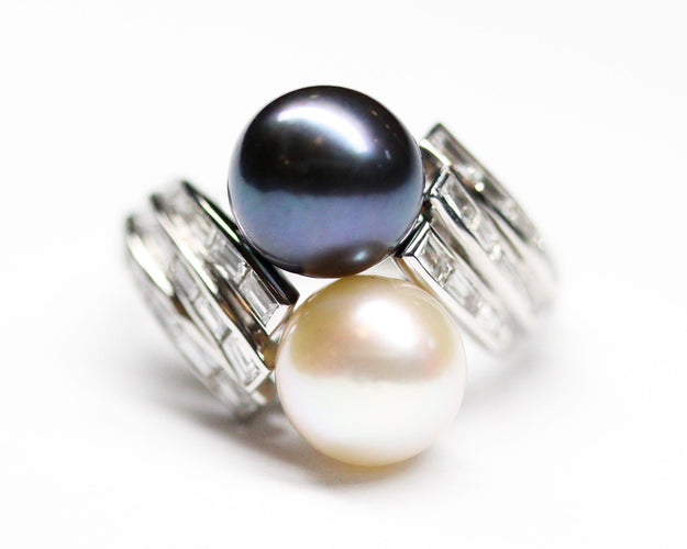 Bague 52 Bague toi et moi en platine avec perles et diamants baguette 58 Facettes A12039