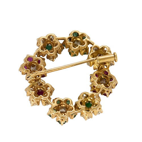 Broche Broche couronne - Broche en or jaune 18 carats avec diamants, émeraudes et rubis 58 Facettes BO/250034