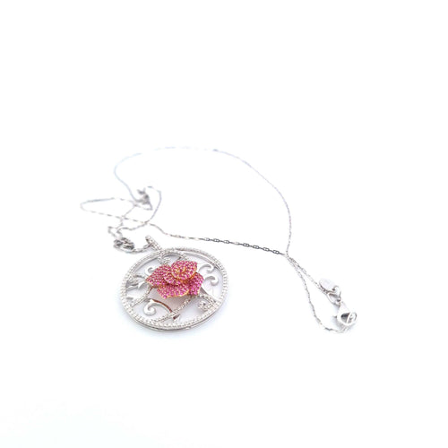 Collier Collier avec pendentif en or blanc et jaune 18 ct, saphirs roses et diamants 58 Facettes