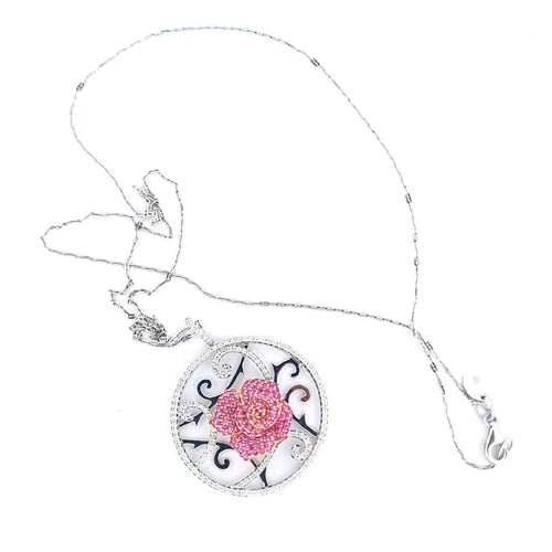 Collier Collier avec pendentif en or blanc et jaune 18 ct, saphirs roses et diamants 58 Facettes
