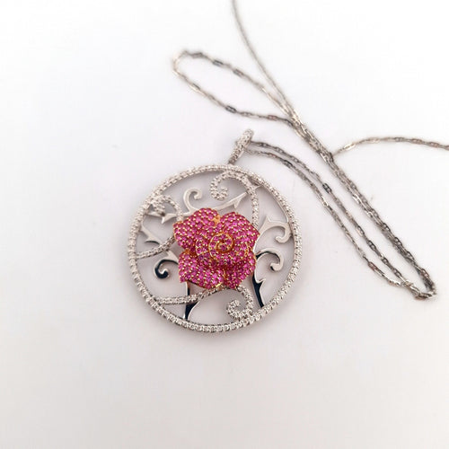 Collier Collier avec pendentif en or blanc et jaune 18 ct, saphirs roses et diamants 58 Facettes
