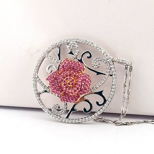 Collier Collier avec pendentif en or blanc et jaune 18 ct, saphirs roses et diamants 58 Facettes