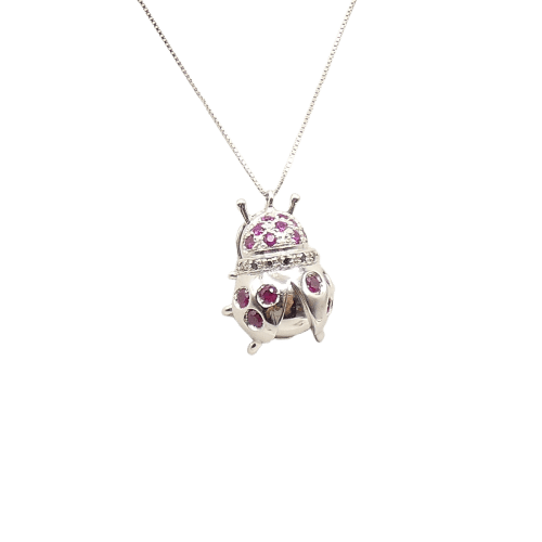 Collier Collier - Pendentif coccinelle en or blanc 18 kt, rubis et diamants noirs 58 Facettes