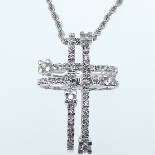 Collier Collier et pendentif croix en or blanc 18 kt et diamants 58 Facettes