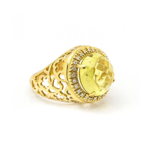 Bague 56 Bague - Diamants et quartz citron en or jaune 18 kt 58 Facettes UKD359671LF