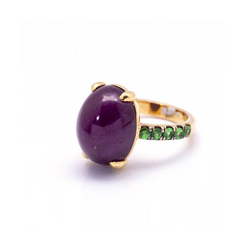 Bague 56 Bague - Rubis cabochon et tsavorites en or jaune 18 ct 58 Facettes UKD360369CS