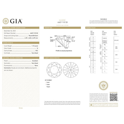 GIA - Diamant taille brillant naturel 1,15 ct D VS2 58 Facettes UKD360692LF