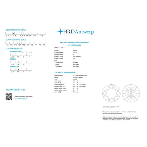 HRD - Diamant naturel taille brillant 1,07 ct G VS1 58 Facettes UKD360704LF