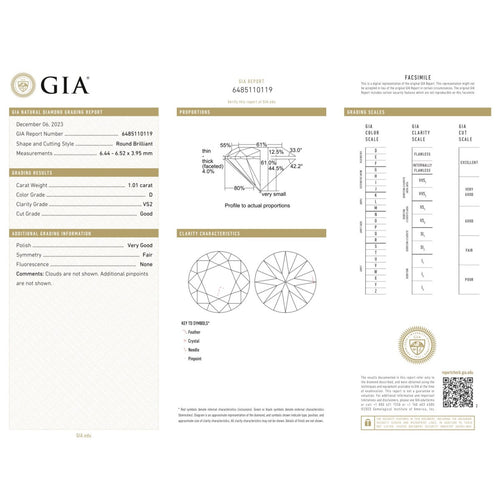 GIA - Diamant naturel taille brillant 1,01 ct D VS2 58 Facettes UKD360718LF