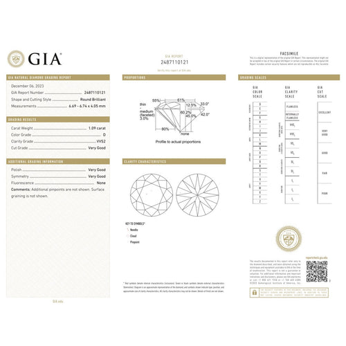 Diamant naturel - Diamant taille brillant 1,09 ct D VVS2 (GIA) 58 Facettes UKD360719LF