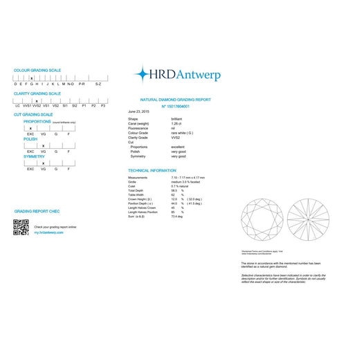 Diamant naturel - Taille brillant 1,26 ct G VVS2 (HRD) 58 Facettes UKD360720LF