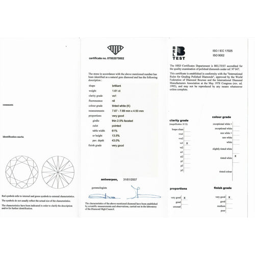 Diamant naturel - Taille brillant 1,61 ct K VS1 (HRD) 58 Facettes UKD360724LF