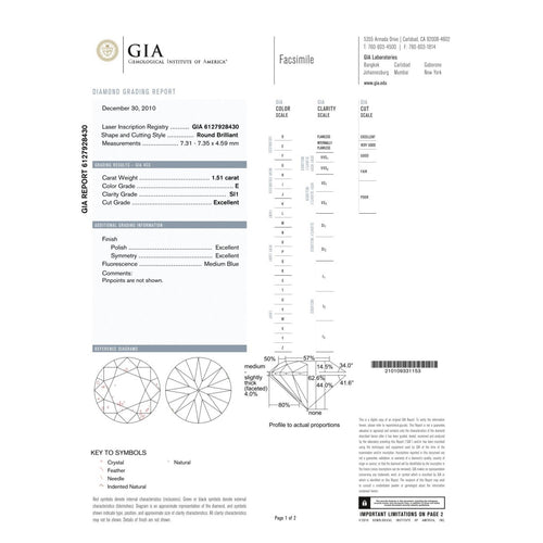 Diamant naturel - Taille brillant 1,51 ct E SI1 (GIA) 58 Facettes UKD360733LF