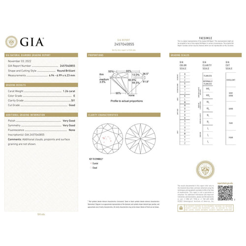 GIA - Diamant taille brillant 1,26 ct E SI1 58 Facettes UKD360734LF