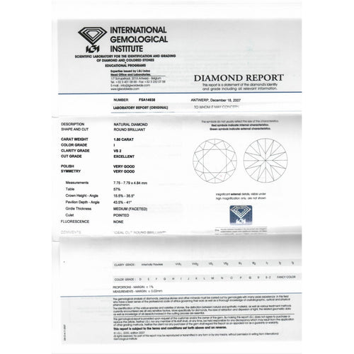 Diamant naturel - Pierre taille brillant 1,80 ct I VS2 (IGI) 58 Facettes UKD360833LF