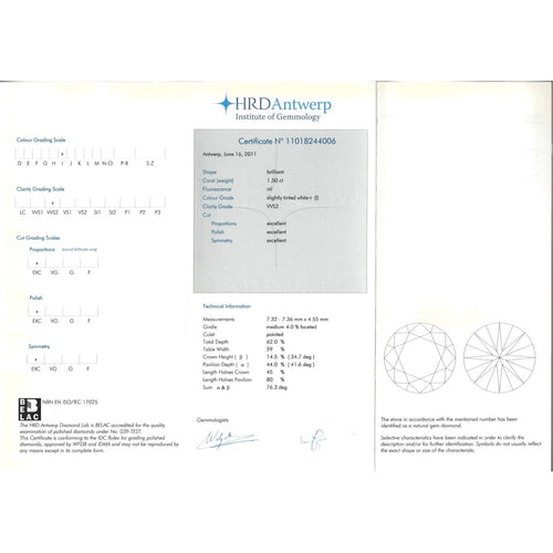 Diamant naturel - Taille brillant 1,50 ct I VVS2 (HRD) 58 Facettes UKD360837LF